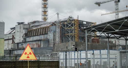 Chernobyl nuclear power station, 4-th block with warning sign